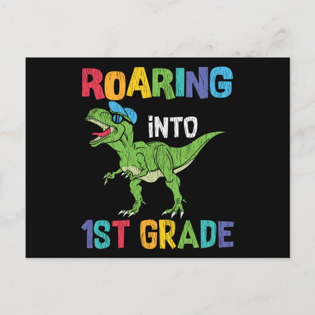 Roaring 1. Klasse Back School T rex Dinosaur Kinde Postkarte (Vorderseite)