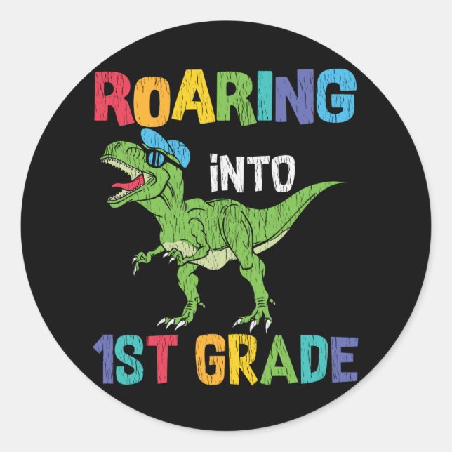 Roaring 1. Klasse Back School T rex Dinosaur Kinde Runder Aufkleber (Vorderseite)