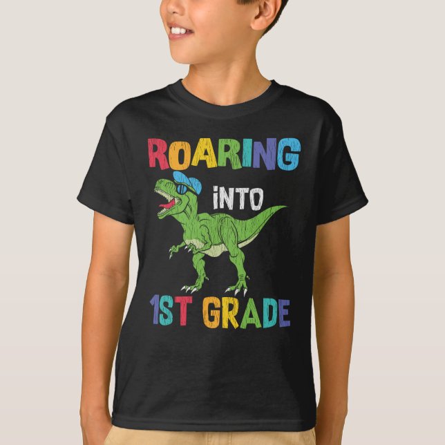 Roaring 1. Klasse Back School T rex Dinosaur Kinde T-Shirt (Vorderseite)