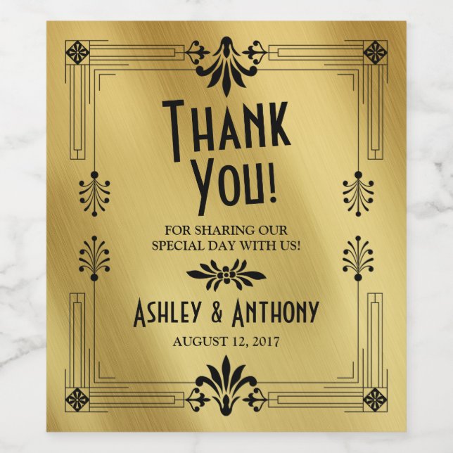 Roaring 20er Art Deco Gold Black Wedding Weinetikett (Einzelnes Label)