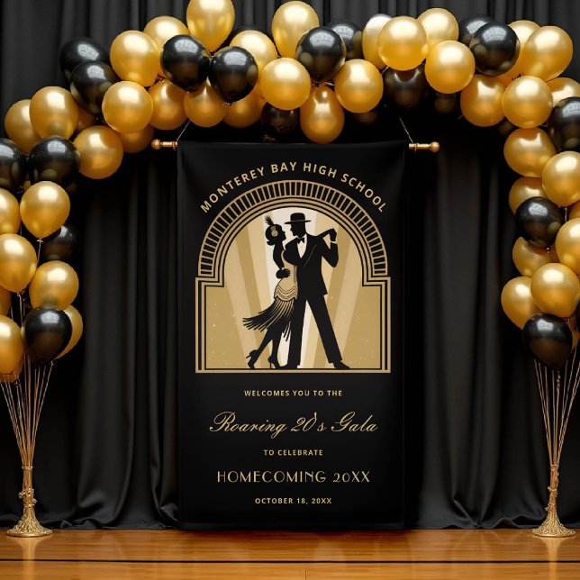 Roaring 20er Art Deco Prom Homecoming School Gala Banner (homecoming prom school event banner roaring 20s gatsby flapper dancing black gold)
