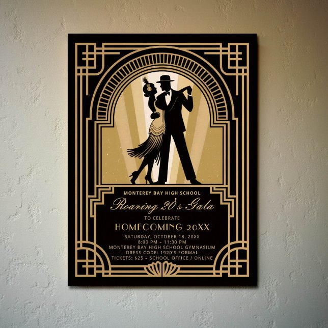 Roaring 20er Art Deco Prom Homecoming School Gala Poster (homecoming prom school event poster roaring 20s gatsby flapper dancing black gold)