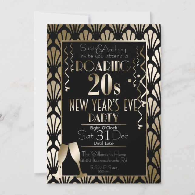 Roaring 20er Art Deco Retro Gold Silvester Einladung (Vorderseite)