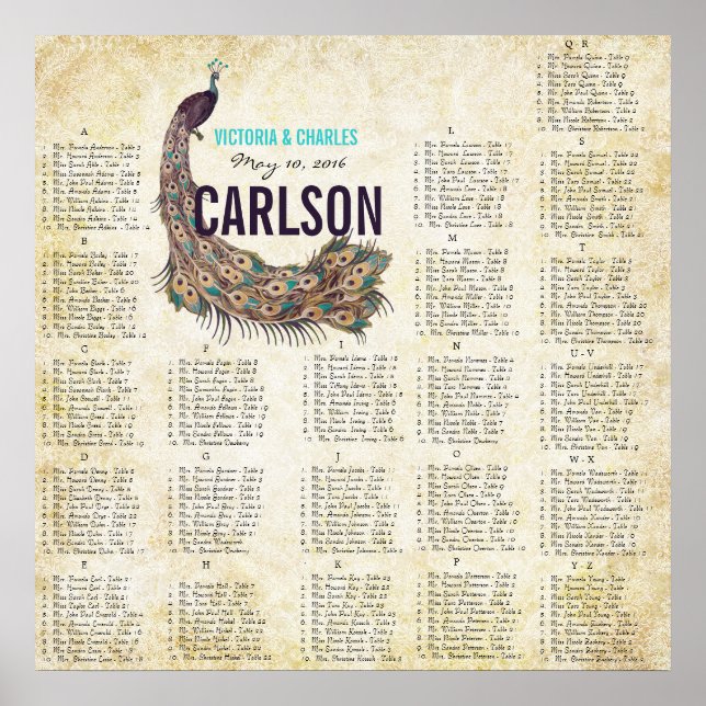 Roaring 20er Damask Peacock Gold Seating Chart Poster (Vorne)