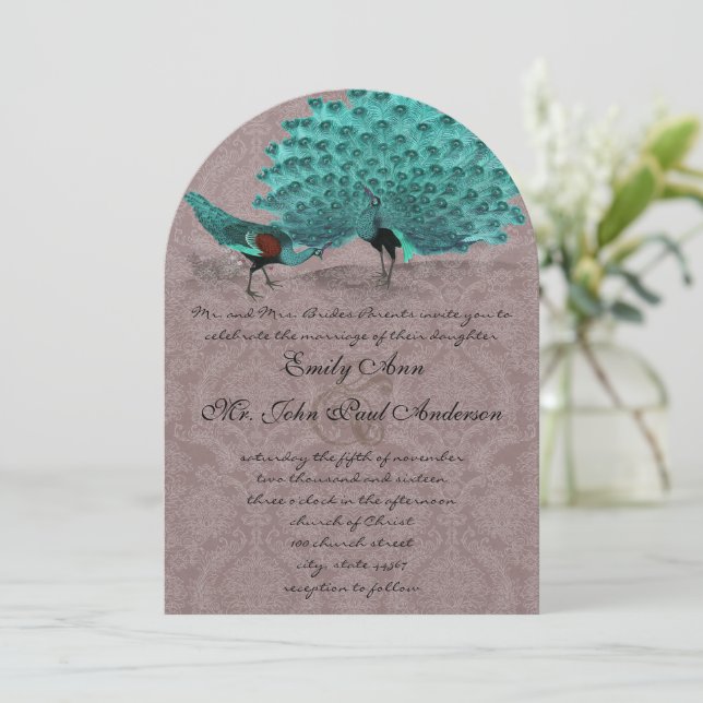 Roaring 20er Damask Turquoise Love Bird Peacock Einladung (Stehend Vorderseite)
