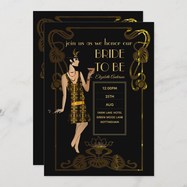 Roaring 20er Flapper Art Deco Gatsby Brautparty Einladung (Vorne/Hinten)