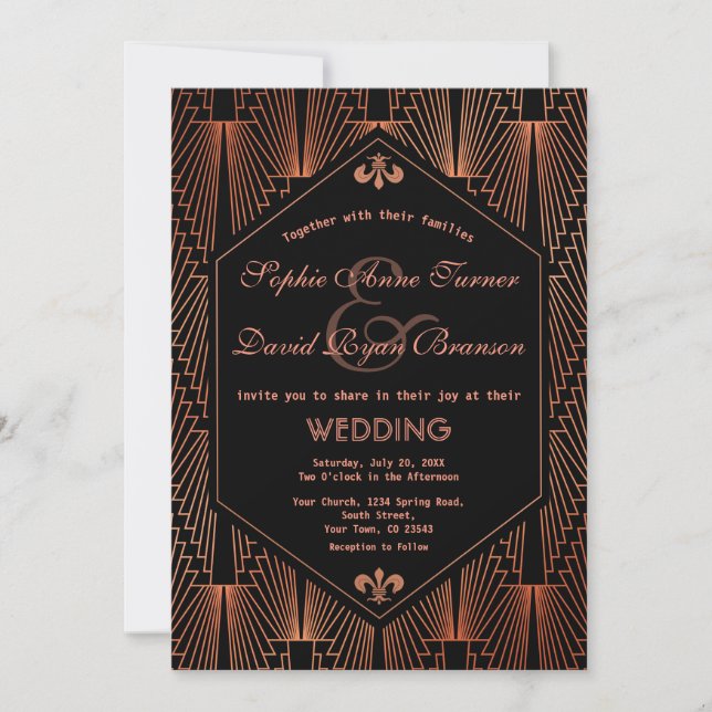 Roaring 20er große Gatsby Copper Art Deco Hochzeit Einladung (Vorderseite)