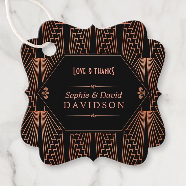 Roaring 20er große Gatsby Copper Art Deco Hochzeit Geschenkanhänger (Vorderseite)