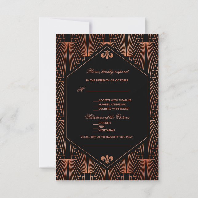Roaring 20er große Gatsby Copper Art Deco Hochzeit RSVP Karte (Vorderseite)
