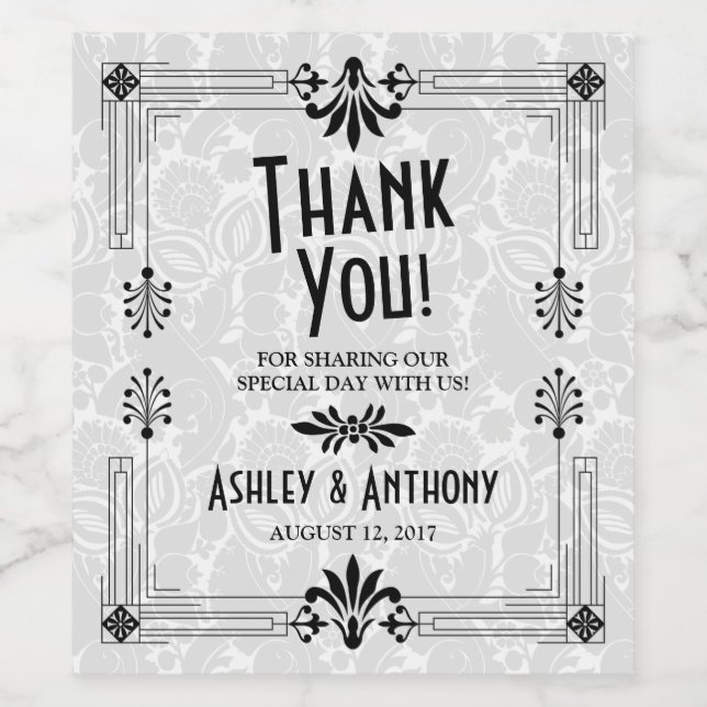 Roaring 20er Jahre Art Déco Schwarz-weiße Hochzeit Weinetikett (Einzelnes Label)