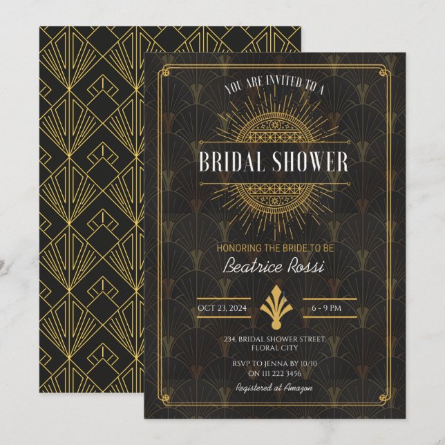 Roaring 20er Jahre Great Gatsby Art Deco Brautpart Einladung (Vorne/Hinten)