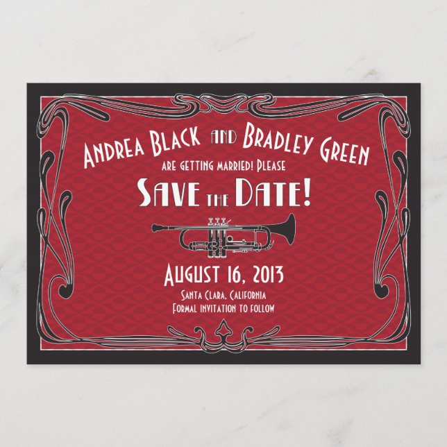 Roaring 20er Jahre Trumpet Hochzeit retten das Dat Save The Date (Vorderseite)