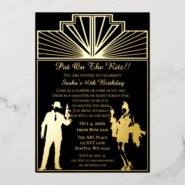 Roaring 20er Kunst Deko Flapper Girl and Gangster Folieneinladung (Vorderseite)