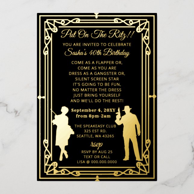 Roaring 20er Kunst Deko Flapper Girl and Gangster Folieneinladung (Vorderseite)