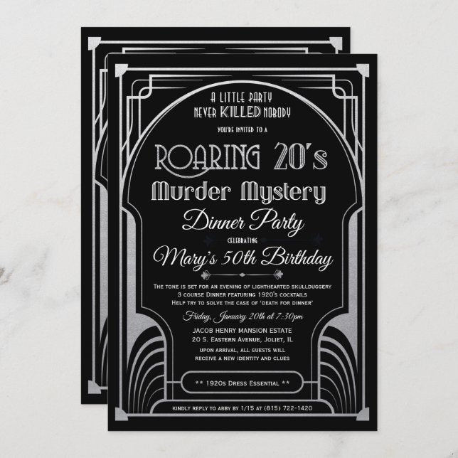 Roaring 20er Murder Mystery Einladung (Vorne/Hinten)