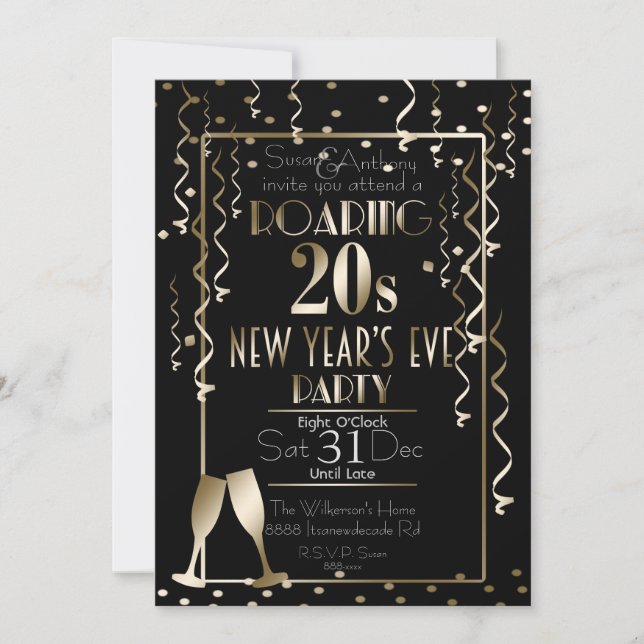 Roaring 20er Retro Gold Confetti Neujahr Einladung (Vorderseite)