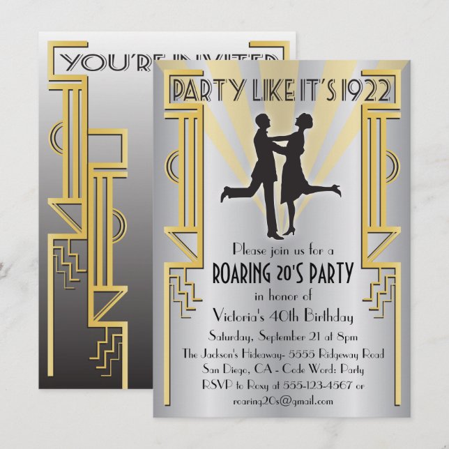 Roaring 20's Art Deco Charleston Party Einladung (Vorne/Hinten)