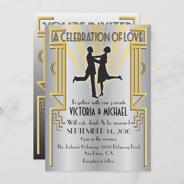 Roaring 20's Art Deco Hochzeitseinladung Einladung (Vorne/Hinten)