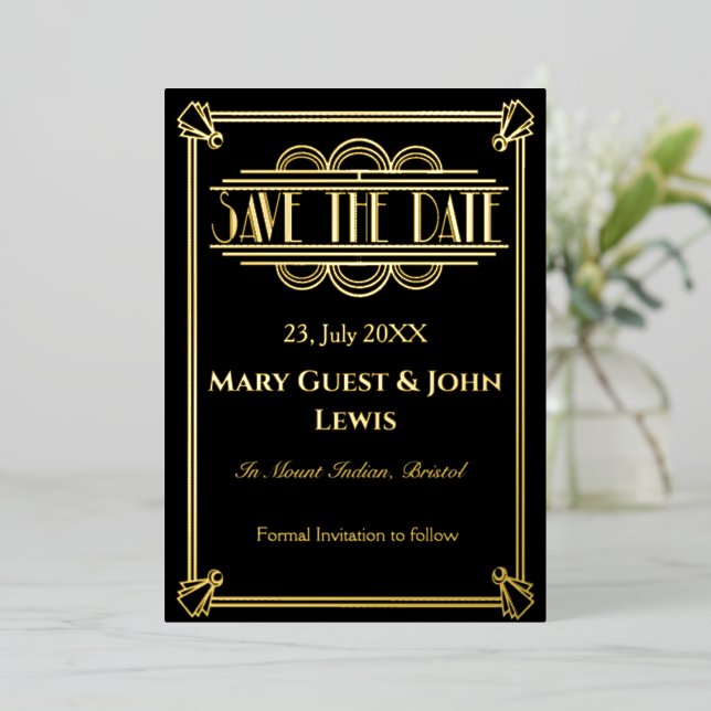 Roaring 20's Black and Gold Art Deco Save the Date Folieneinladung (Stehend vorne)