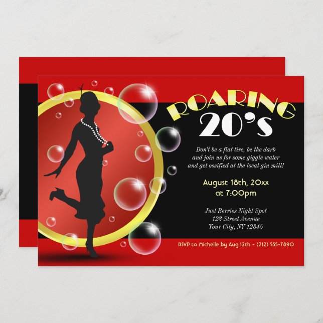 Roaring 20's Flapper Girl Giggle Wasser Einladunge Einladung (Vorne/Hinten)