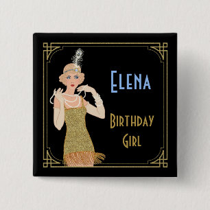 Roaring 20's Flapper Gold Glitzer Black Retro Button