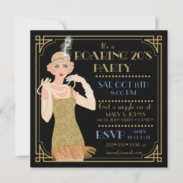 Roaring 20's Flapper Gold Glitzer Black Retro Einladung (Vorderseite)