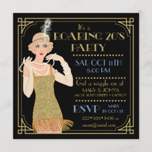 Roaring 20's Flapper Gold Glitzer Black Retro Einladung