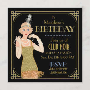 Roaring 20's Flapper Gold Glitzer Black Retro Einladung