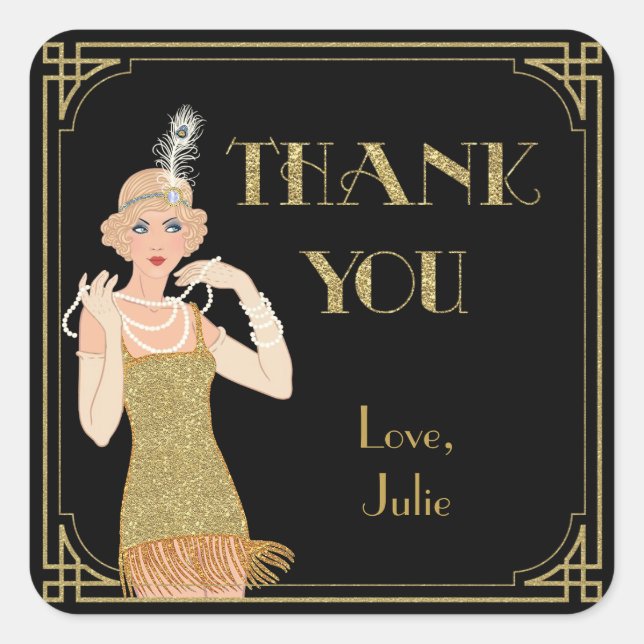 Roaring 20's Flapper Gold Glitzer Black Retro Quadratischer Aufkleber (Vorderseite)