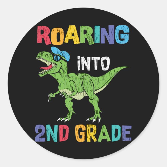 Roaring 2. Klasse Back School T rex Dinosaur Kinde Runder Aufkleber (Vorderseite)
