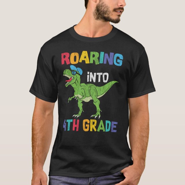 Roaring 4. Klasse Back School T rex Dinosaur Kinde T-Shirt (Vorderseite)