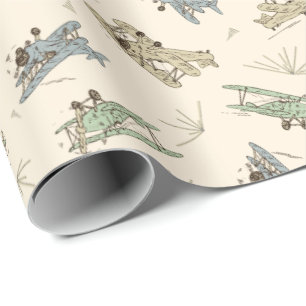 Roaring Art Deco Bi-Flugzeug - blaues grünes Muste Geschenkpapier