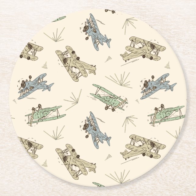 Roaring Art Deco Bi-Flugzeug - blaues grünes Muste Runder Pappuntersetzer (Vorderseite)