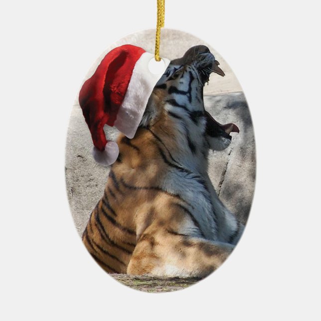 Roaring Bengalisch Tiger mit Weihnachtsmannmütze Keramik Ornament (Vorne)