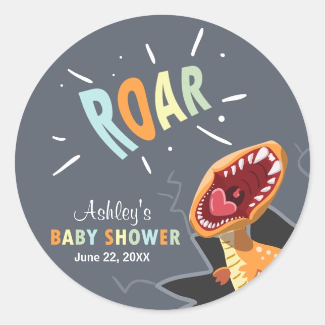 Roaring Dinosaur Babydusche Aufkleber Umschlag Auf (Vorderseite)