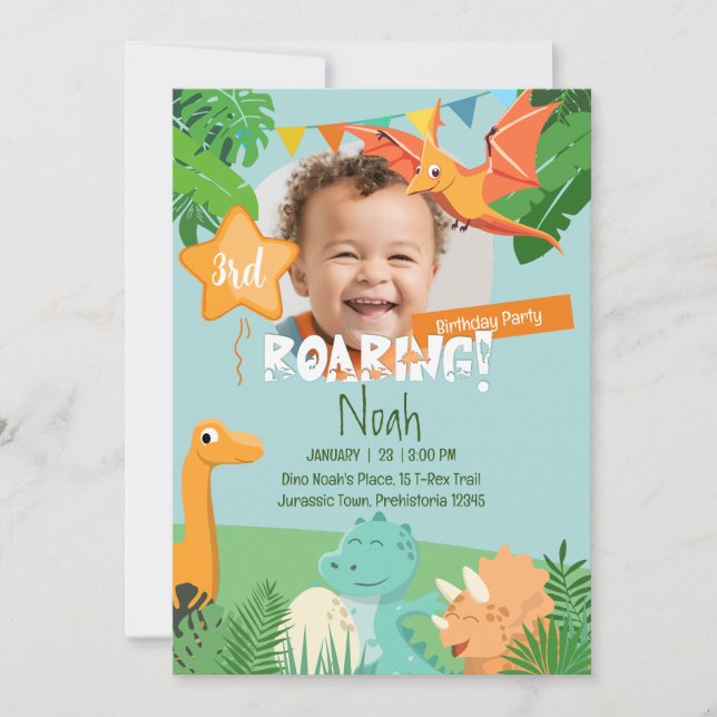 Roaring Dinosaur Themed Customizable Foto Einladung (Vorderseite)