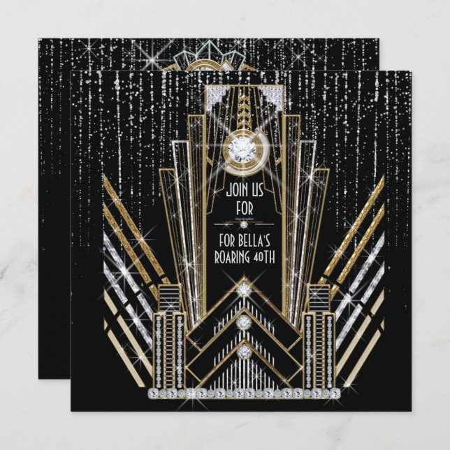 Roaring Gatsby Art Deco Bling Party Einladungen (Vorne/Hinten)
