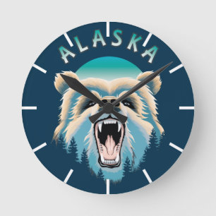 Roaring Grizzly Bären Face - Alaska Wildlife Runde Wanduhr
