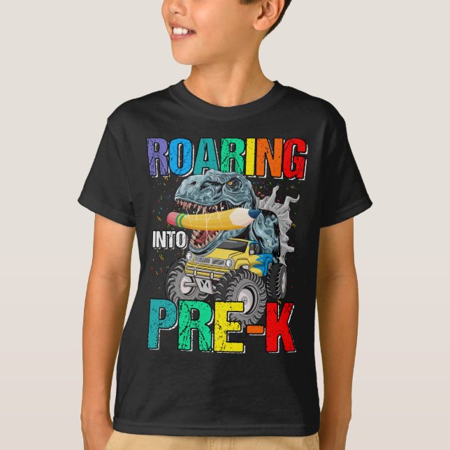 Roaring in Pre-K Monster Truck Dinosaurier Boys T-Shirt (Vorderseite)