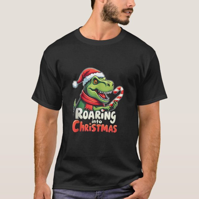 Roaring into Christmas T Rex Santa Hat Candy Cane  T-Shirt (Vorderseite)