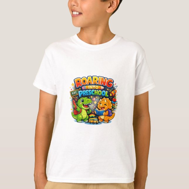 Roaring Into Preschool Cute Dinosaur Kids Back To  T-Shirt (Vorderseite)