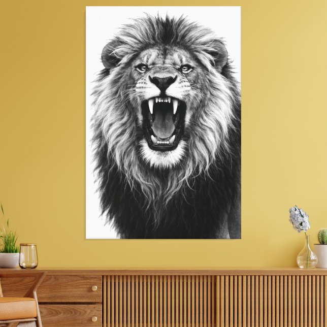 Roaring Lion Black White Powerful Wildlife Art Leinwanddruck (Insitu (Wohnzimmer))