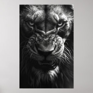 Roaring Lion Front View Fotorealistisch Schwarz un Poster