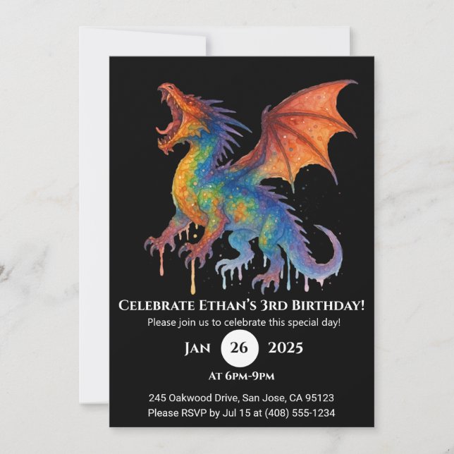Roaring Rainbow Dragon Birthday Einladung (Vorderseite)