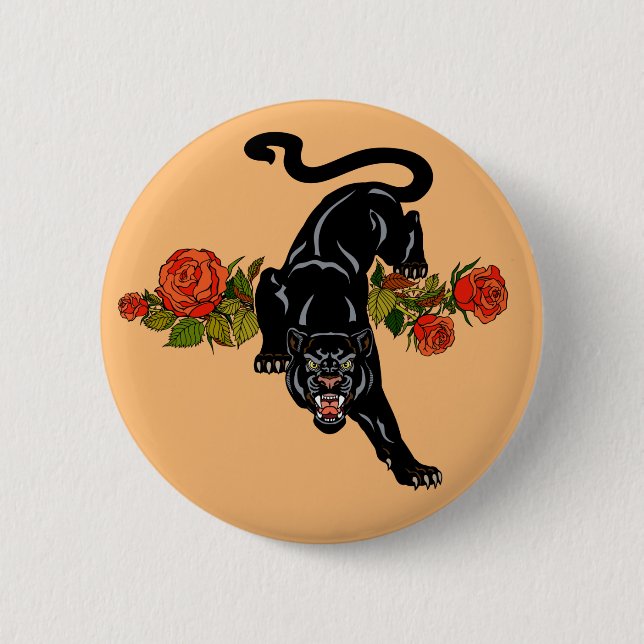 Roaring schwarzer Panther und blühende Rose Taste Button (Vorderseite)