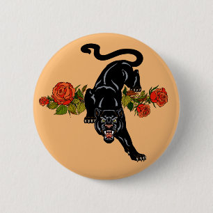 Roaring schwarzer Panther und blühende Rose Taste Button