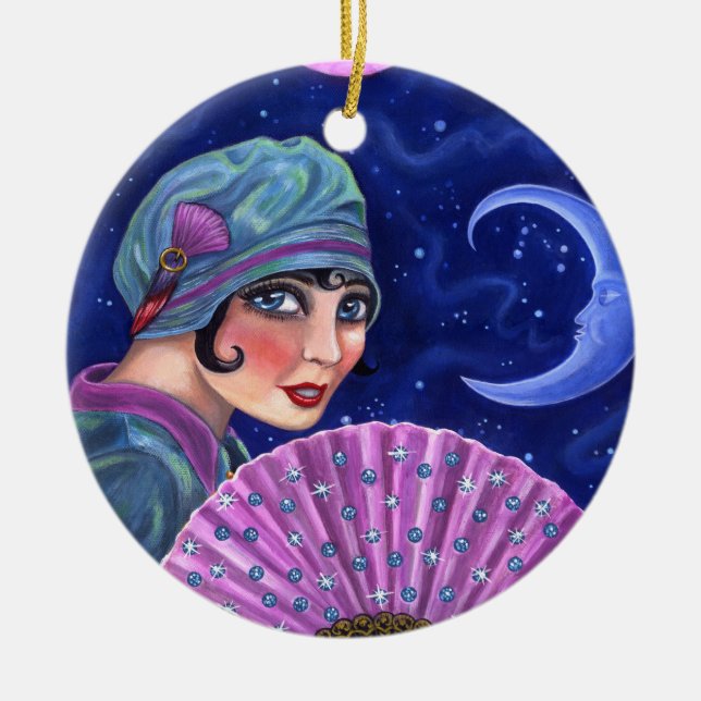 Roaring Twenties Flapper Girl Fan Moon Stars Keramik Ornament (Vorne)