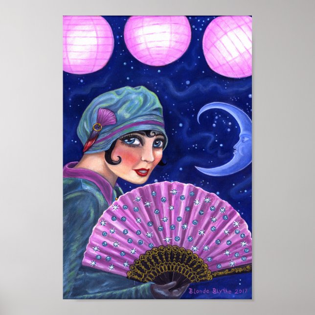 Roaring Twenties Flapper Girl Fan Moon Stars Poster (Vorne)