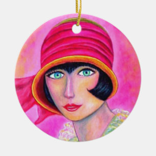 Roaring Twenties Flapper Girl in Pink Cloche Hat Keramik Ornament