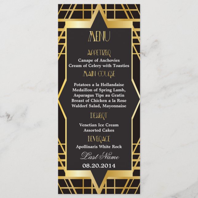 Roaring Twenties Gatsby Style Wedding Menu Menükarte (Vorderseite)